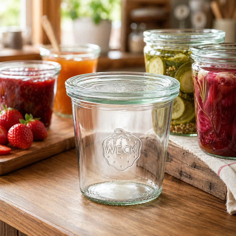WECK Pot de conservation 290ml dans la cuisine avec des confitures et des conserves colorées comme exemple d'utilisation pour la conservation