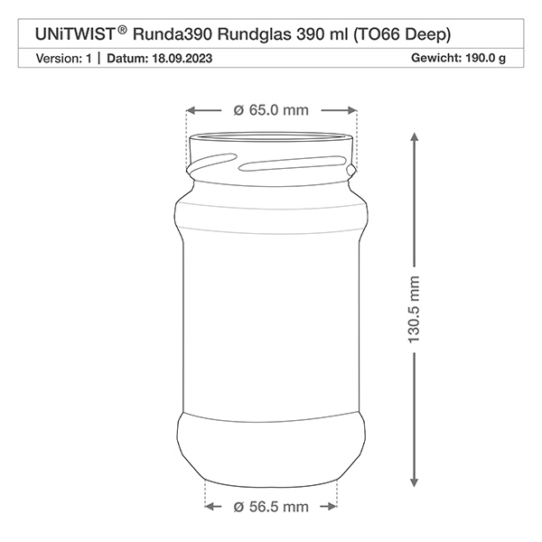390ml Verre rond sans couvercle (TO66deep) UNiTWIST Dessin technique UNiTWIST Runda390 verre rond 390ml TO66 Deep avec dimensions 65mm diamètre 130,5mm hauteur