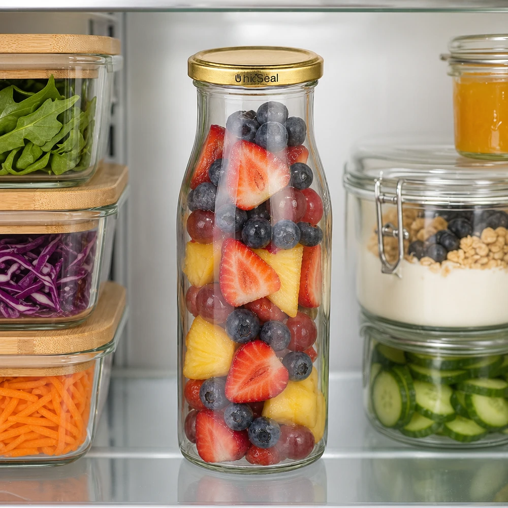 UNiTWIST Bouteille en verre de 150 ml remplie d'un mélange de fruits Bouchon TO43 BioSeal doré Conservation au réfrigérateur