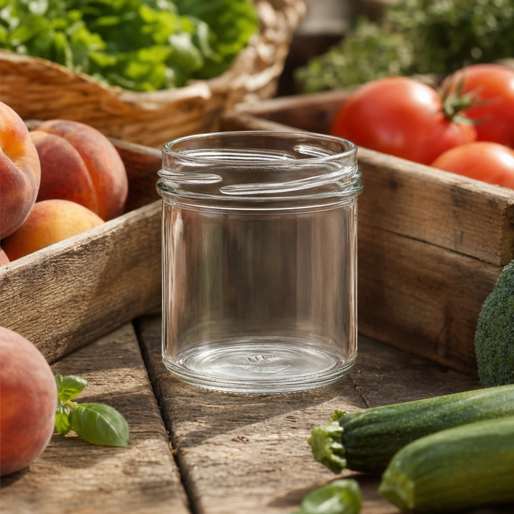 Pot renversé vide UNiTWIST 167ml TO66 sur table en bois avec tomates fraîches pêches et légumes pour la mise en conserve