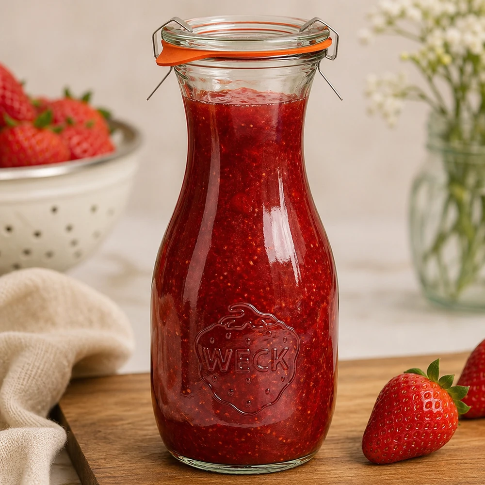WECK Bouteille de jus de 530 ml remplie de confiture de fraises montre l'utilisation pratique du bocal RR60