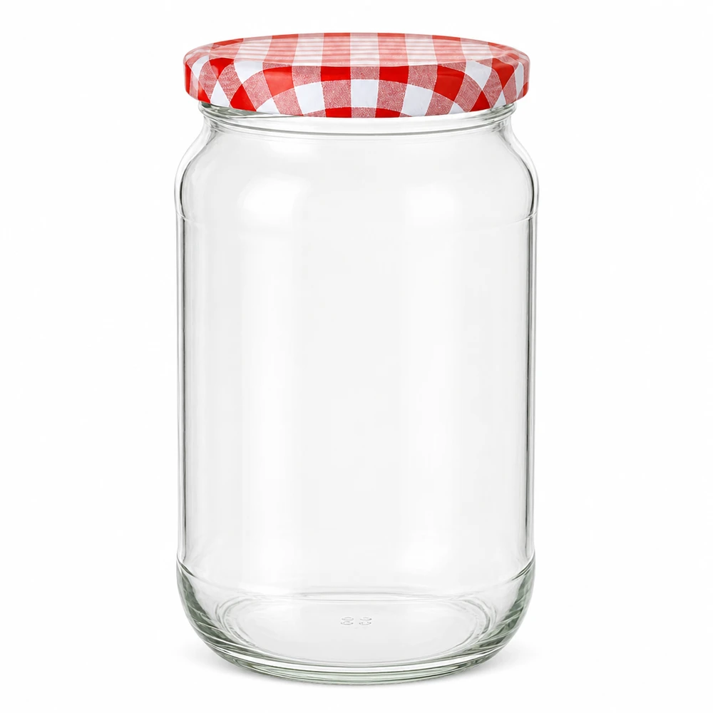 Pot rond de 1062ml avec couvercle BasicSeal à carreaux rouges et blancs vide sur fond blanc Pot de conservation