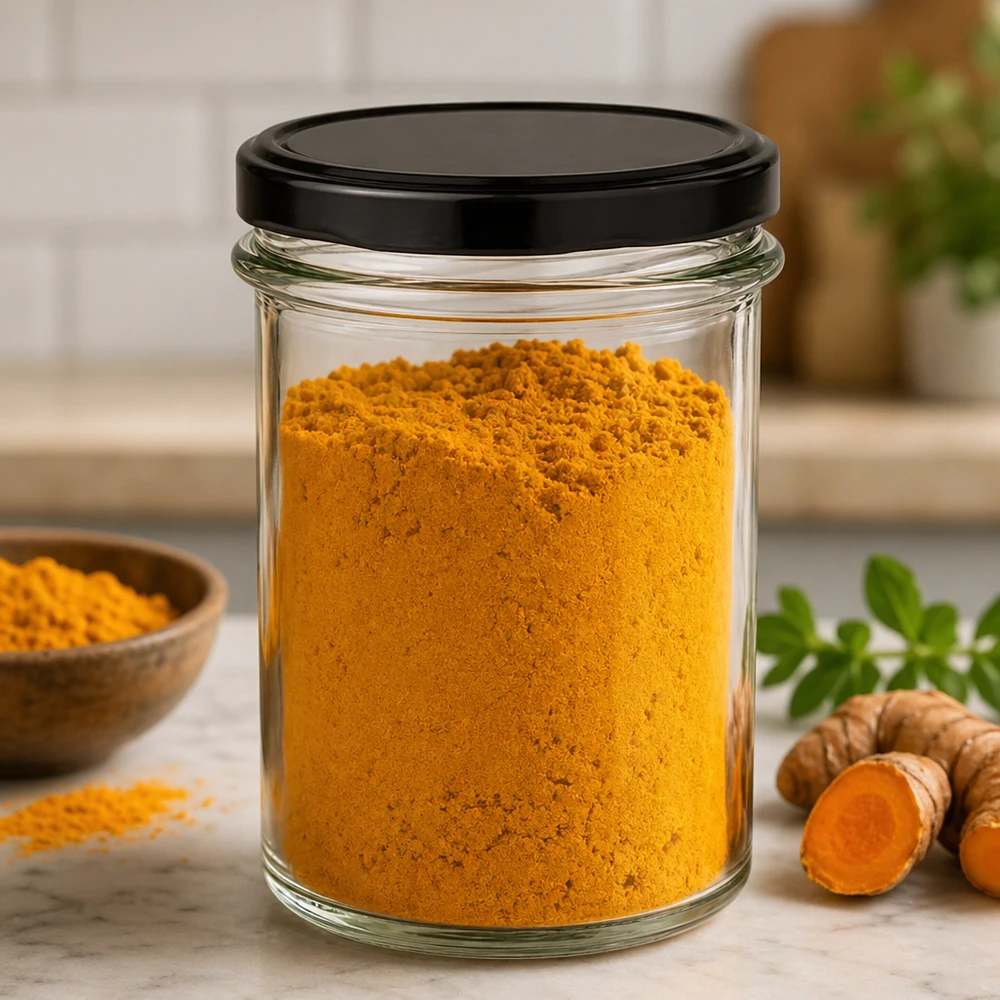 Pot de 230ml rempli de poudre de curcuma montre une utilisation pratique comme récipient de stockage d'épices avec un couvercle noir