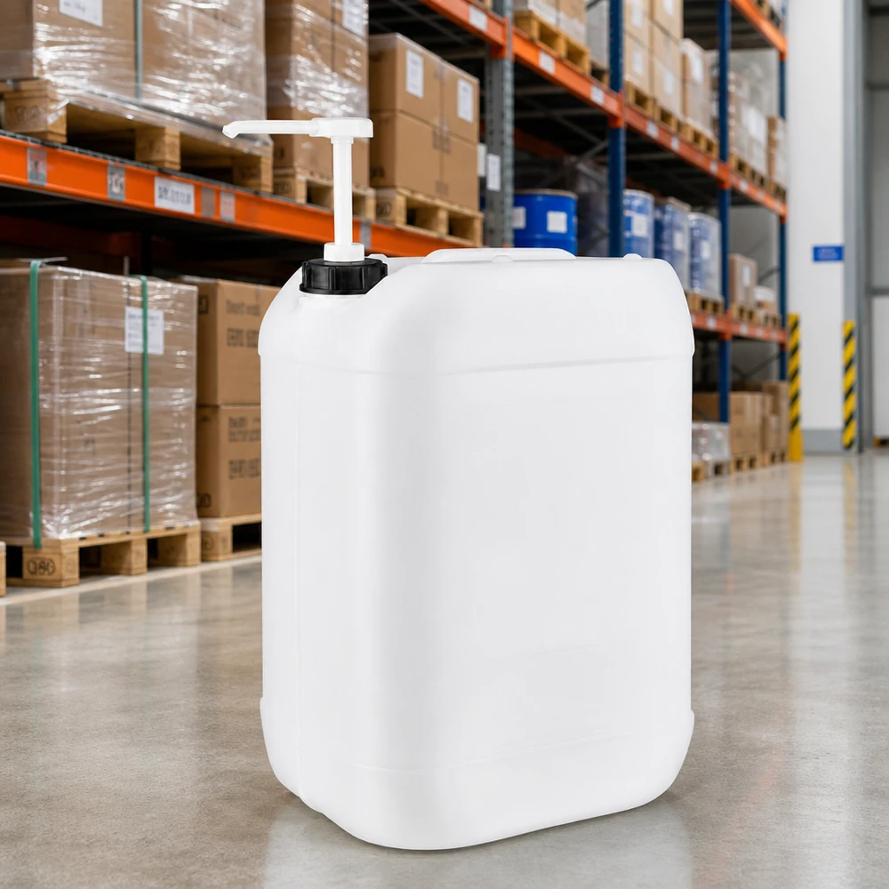 Bidon de 25 litres adapté au contact alimentaire, avec pompe distributrice, en plastique HDPE blanc, disponible en entrepôt