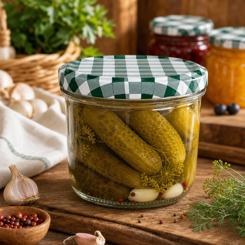 Cornichons en bocal 230ml Cornichons au vinaigre remplis BasicSeal couvercle vert et blanc à carreaux Conserver Aneth bleu