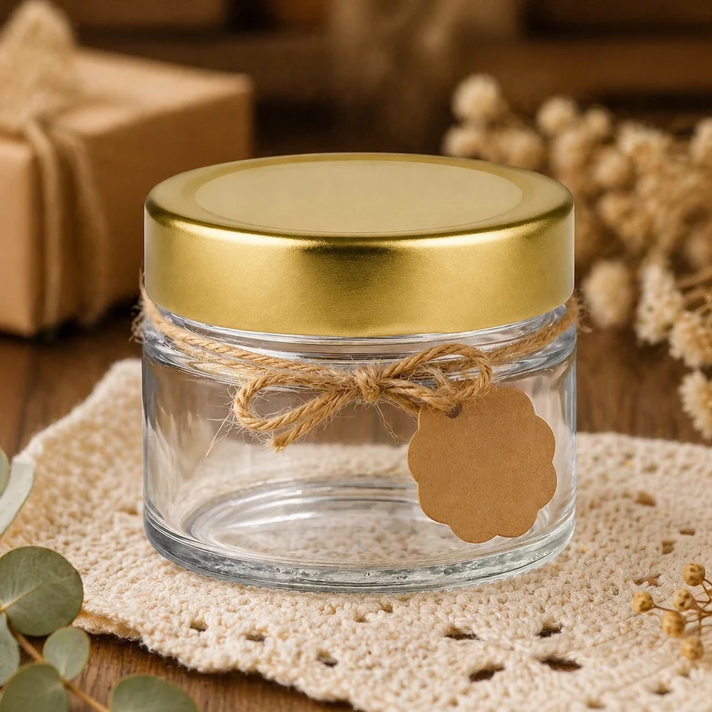 Verre rond de 80 ml avec couvercle BasicSeal or deep décoratif sur couverture au crochet avec boucle en jute et étiquette cadeau