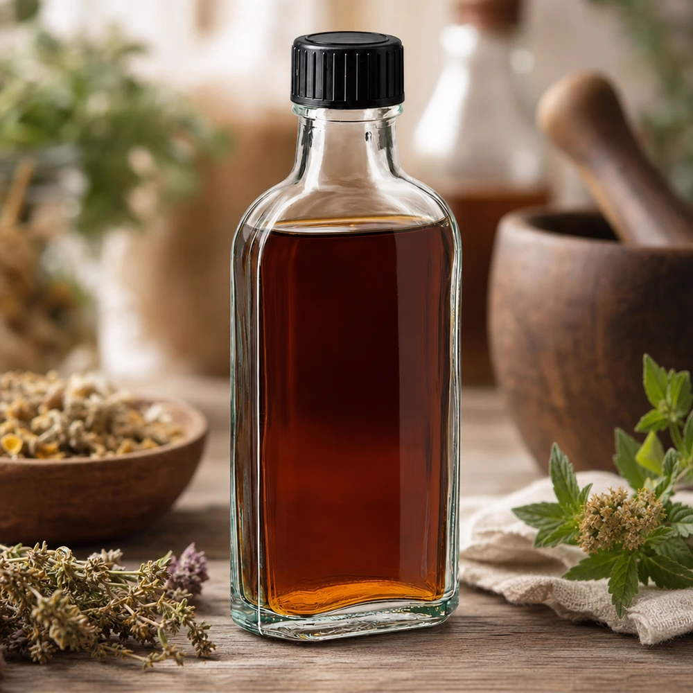 Teinture brune dans un flacon en verre Meplat de 100 ml muni d'un bouchon à vis noir, parmi des herbes médicinales fraîches