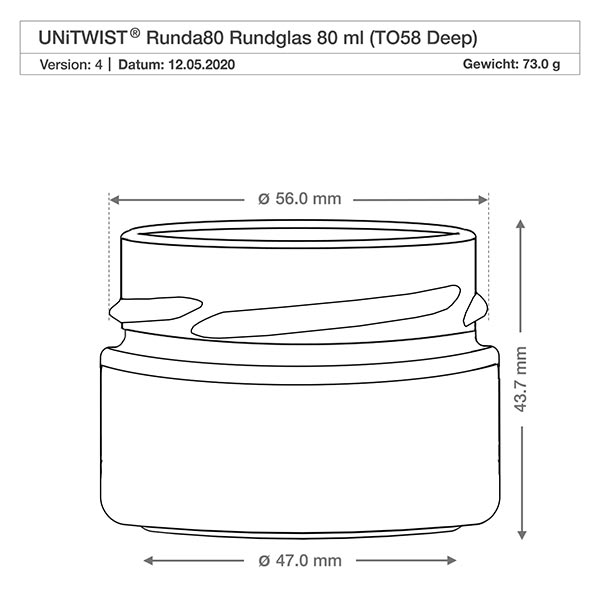 UNiTWIST verre rond 80ml TO58 Deep avec dimensions 56mm diamètre et 43,7mm hauteur dessin technique
