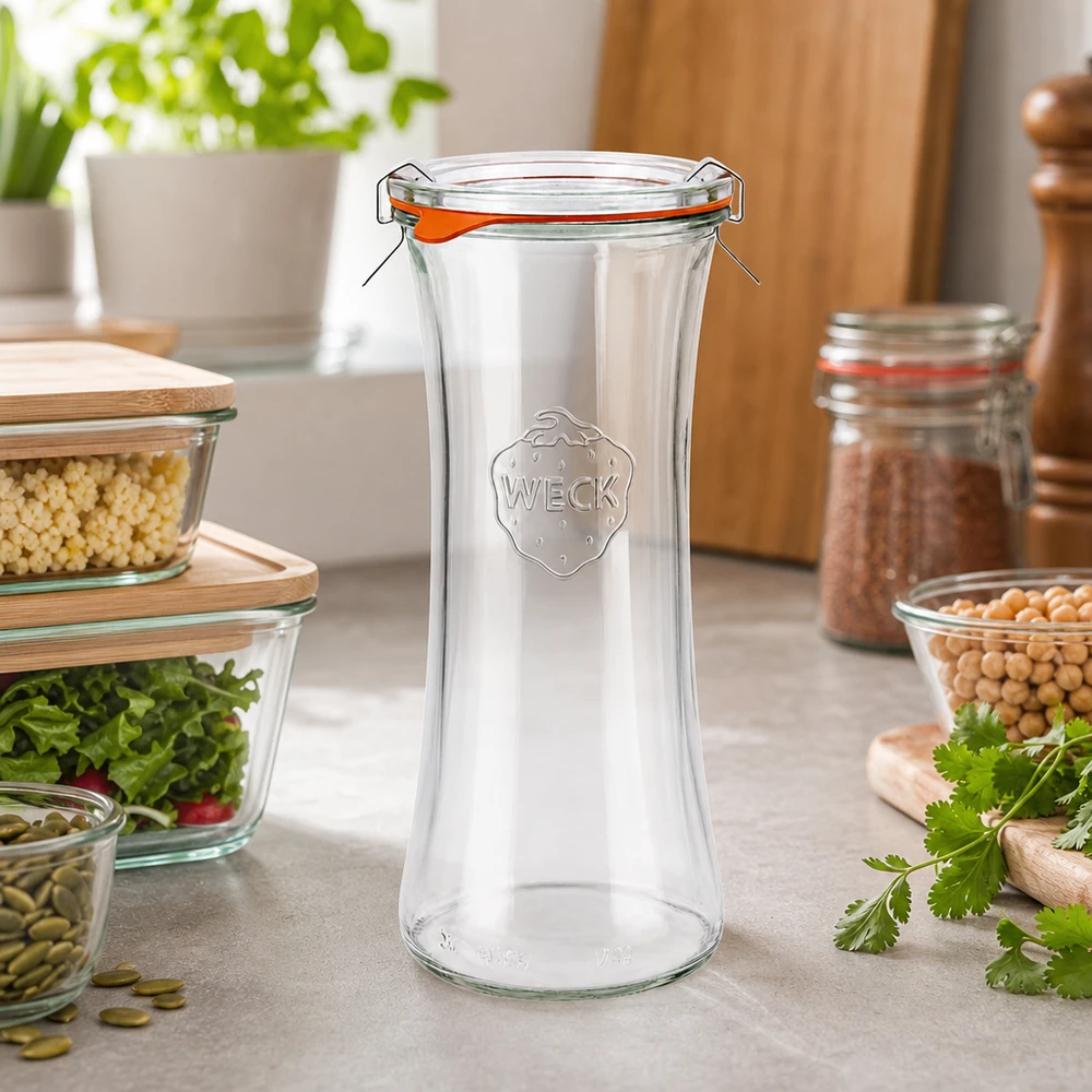 700ml bocal à gourmandises complet WECK RR80 WECK Pot à délicatesse de 700ml RR80 vide avec couvercle dans la cuisine moderne entre les bocaux à provisions et les herbes fraîches