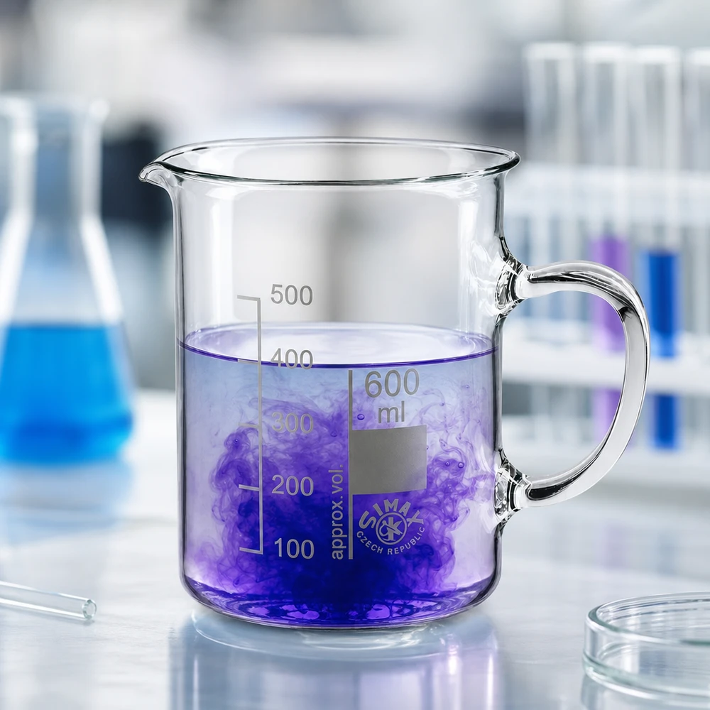 Verre à bec 600 ml avec anse, en verre borosilicaté résistant à la chaleur, contenant un liquide violet