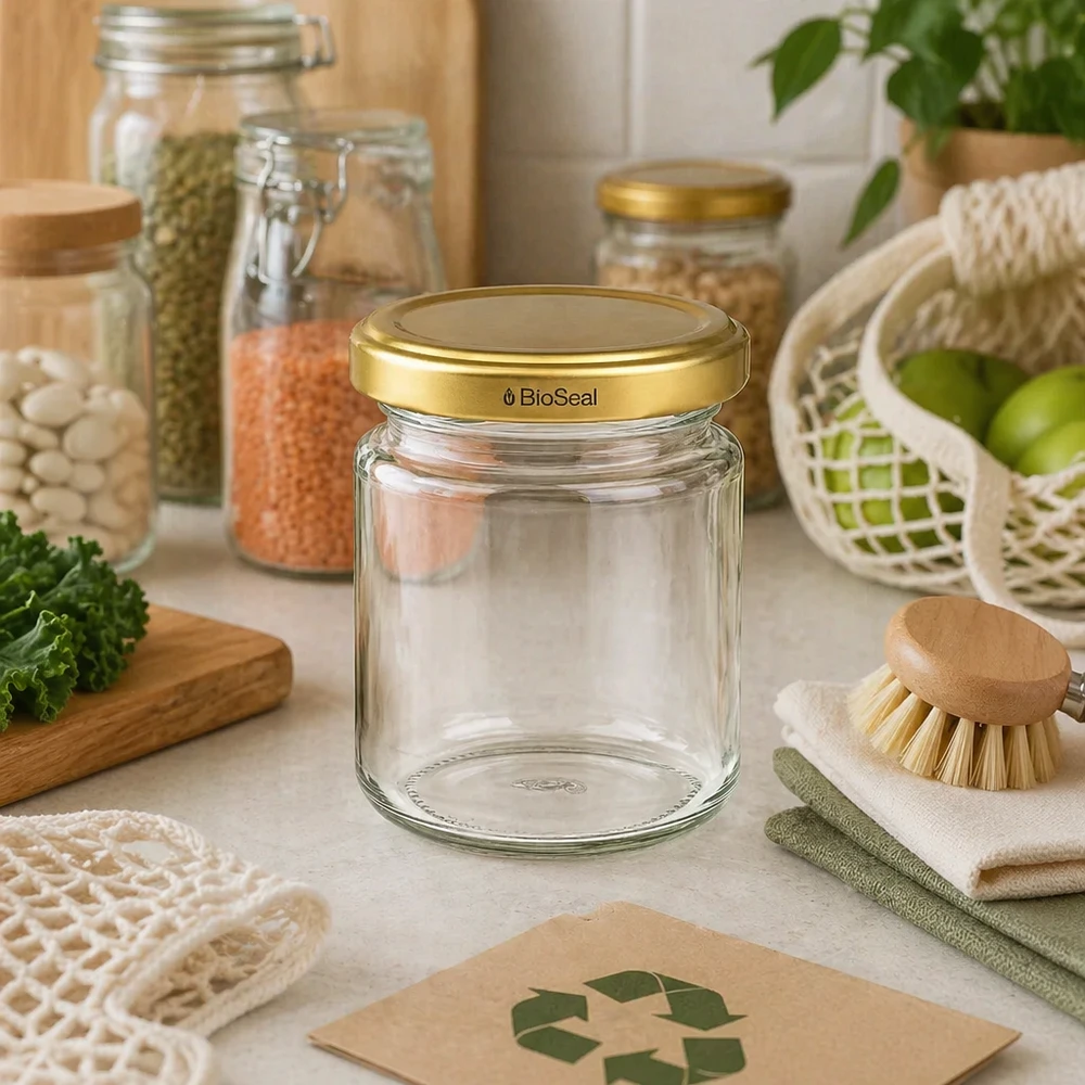 UNiTWIST Runda53 Pot de conservation avec couvercle TO43 BioSeal doré dans une cuisine durable avec symbole de recyclage