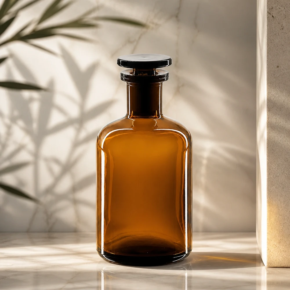 Flacon pharmaceutique 100 ml col étroit en verre ambré + bouchon Flacon en verre ambré de 100 ml à col étroit, muni d'un bouchon et d'une protection contre les UV, pour substances photosensibles