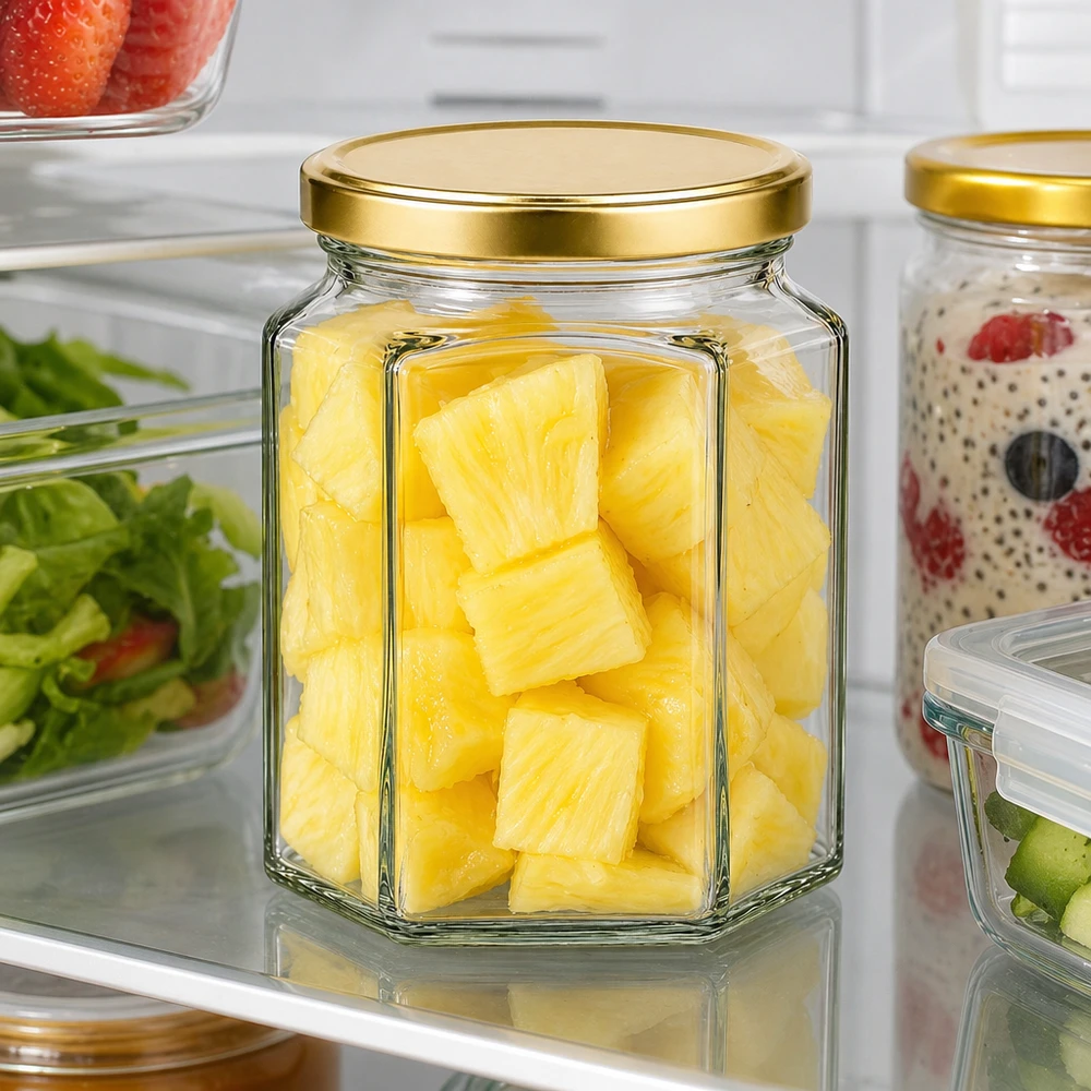 288ml Verre hexagonal avec couvercle BasicSeal or UNiTWIST 288ml Hexaglas BasicSeal or avec morceaux d'ananas dans le réfrigérateur montre une conservation optimale de la fraîcheur des fruits