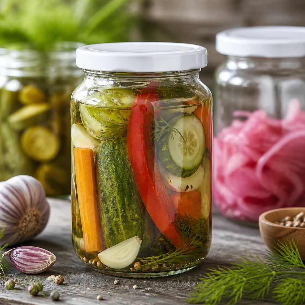 382ml Verre rond avec couvercle BasicSeal blanc UNiTWIST Bocal rond UNiTWIST de 382 ml avec couvercle blanc BasicSeal rempli de légumes mixtes marinés Carottes Poivrons Oignons