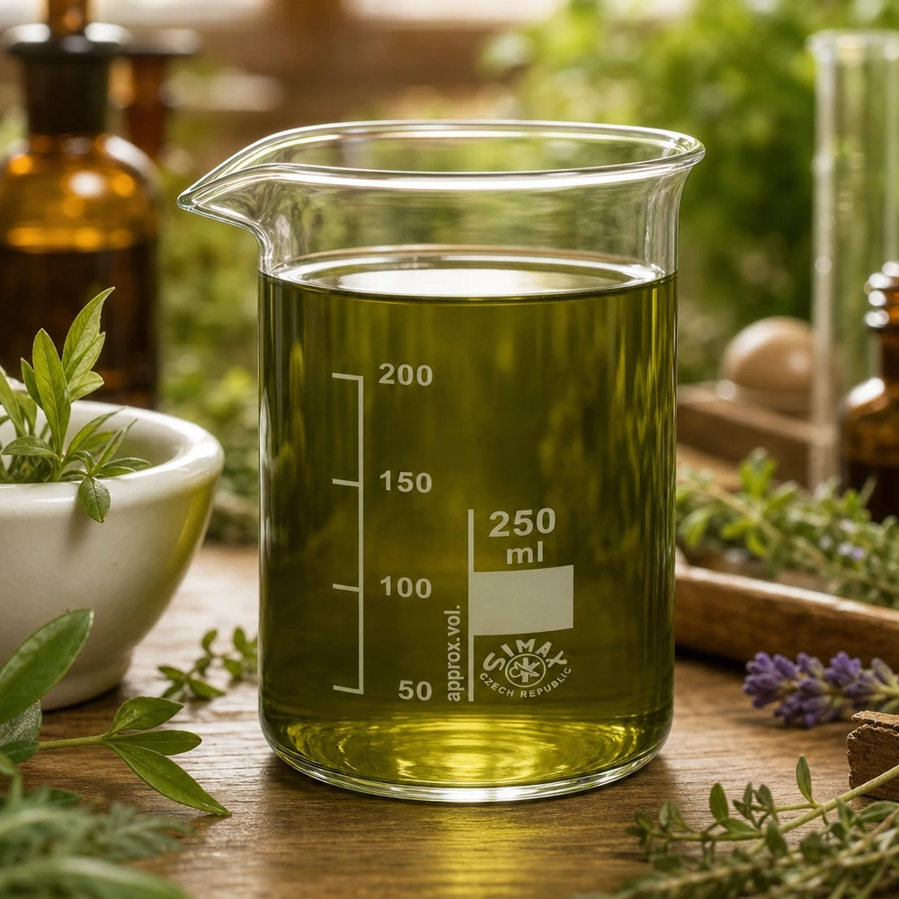 Bécher 250ml en verre borosilicate résistant à la chaleur (forme haute) Verre à bec de 250 ml, de forme haute, contenant une solution d'extrait d'herbes de couleur jaune-vert, entouré d'herbes médicinales fraîches
