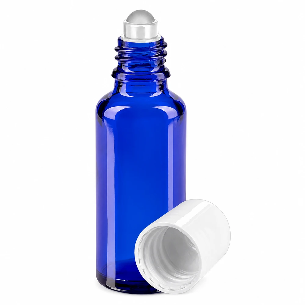 Flacon de pharmacie bleu 30ml Roll-On bouchon blanc Flacon roll-on bleu de 30 ml avec bouchon blanc et bille en verre de pharmacie