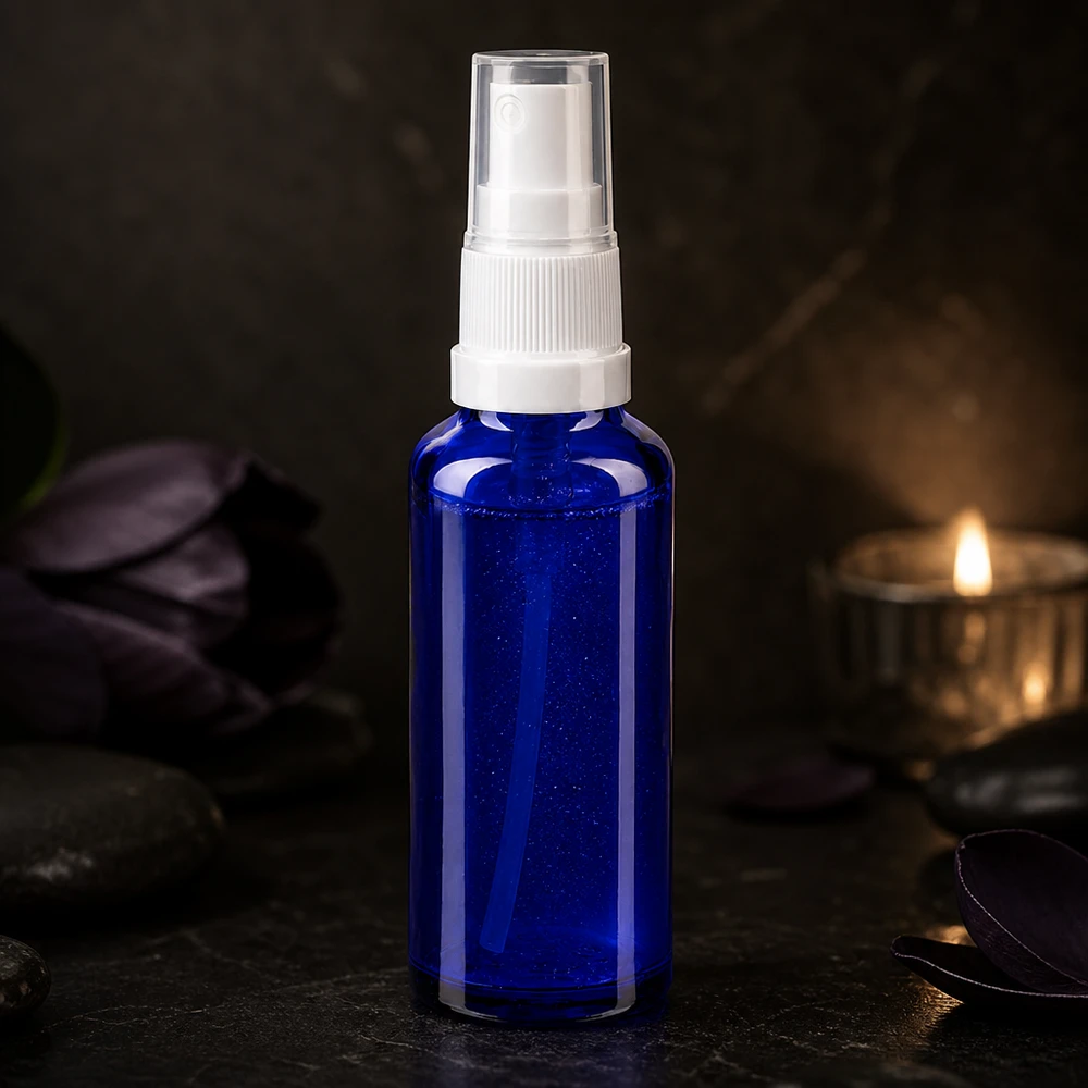 Flacon pulvérisateur de 10 ml en verre d'apothicaire bleu cobalt, muni d'une pompe blanche, sur fond Spa sombre
