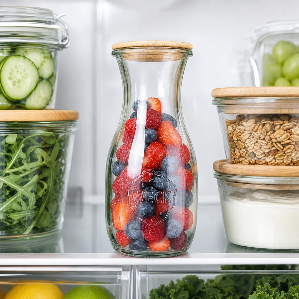 530ml Bouteille à jus de fruits WECK RR60 avec couvercle en bois WECK Bouteille de jus 530ml RR60 avec des baies dans le réfrigérateur à côté de bocaux de stockage avec des concombres de la salade et des noix