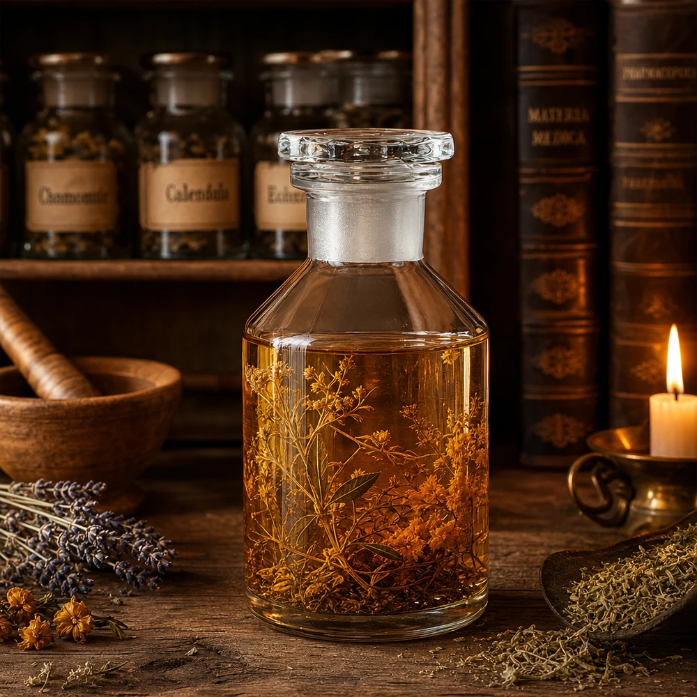 Bouteille à col droit de 50 ml, transparente, remplie de teinture à base de plantes, posée sur une table en bois et munie d'un bouchon en verre