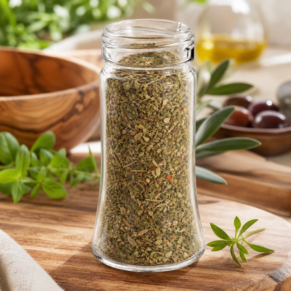 Pot à épices Bobby de 95 ml rempli d'herbes séchées, posé sur une planche en bois ornée de branches d'olivier