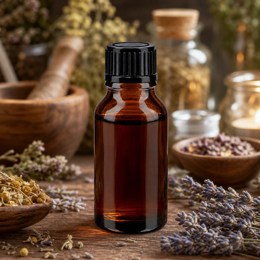 Flacon en verre ambré protégeant de la lumière, 15 ml, bouchon compte-gouttes noir, entouré de lavande et d'herbes aromatiques