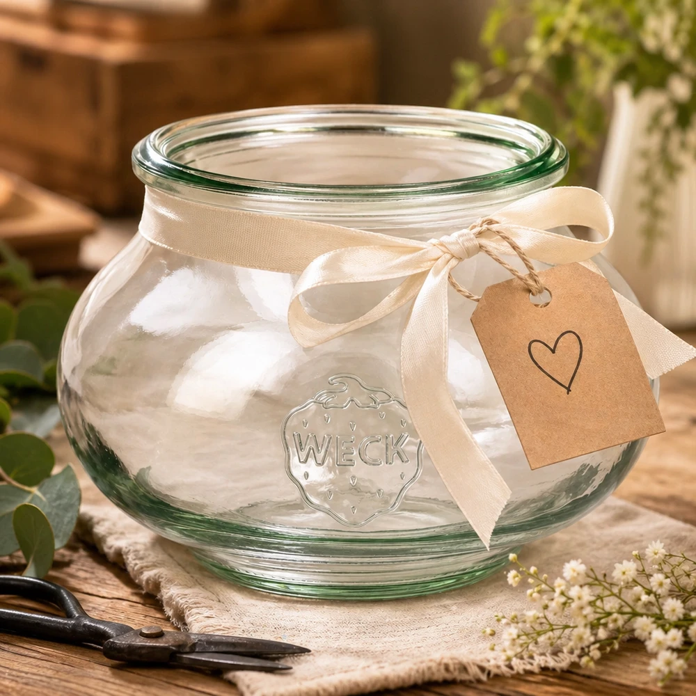 Bocal décoratif WECK RR80 de 560 ml WECK Verre à bijoux 560ml RR80 arrangé de manière décorative avec un ruban couleur crème et un pendentif en forme de cœur sur une table en bois