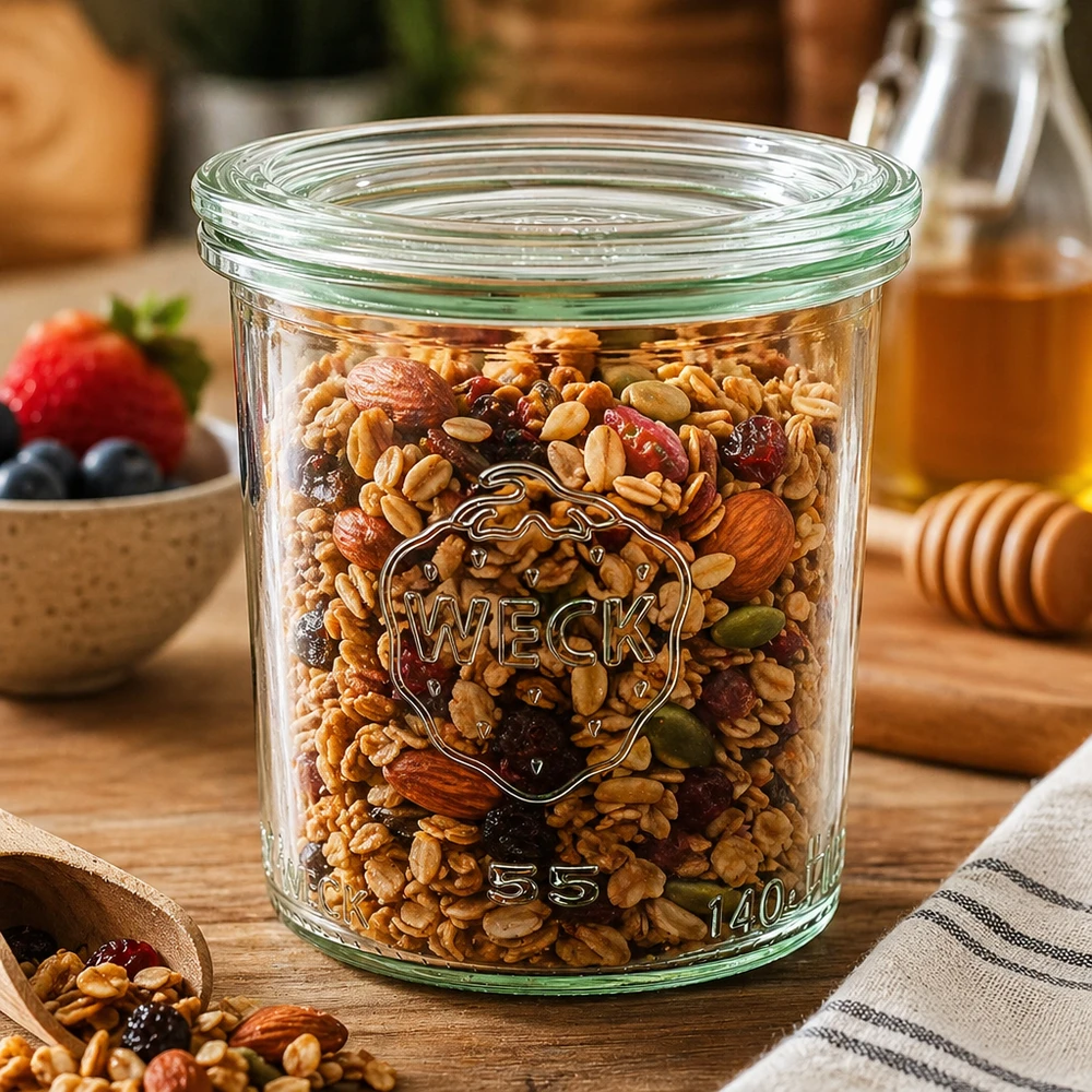 Bocal en verre de 140 ml avec couvercle en verre WECK RR60 WECK Verre renversé 140ml RR60 rempli d'un mélange de noix et de fruits secs comme bocal de réserve dans une cuisine rustique