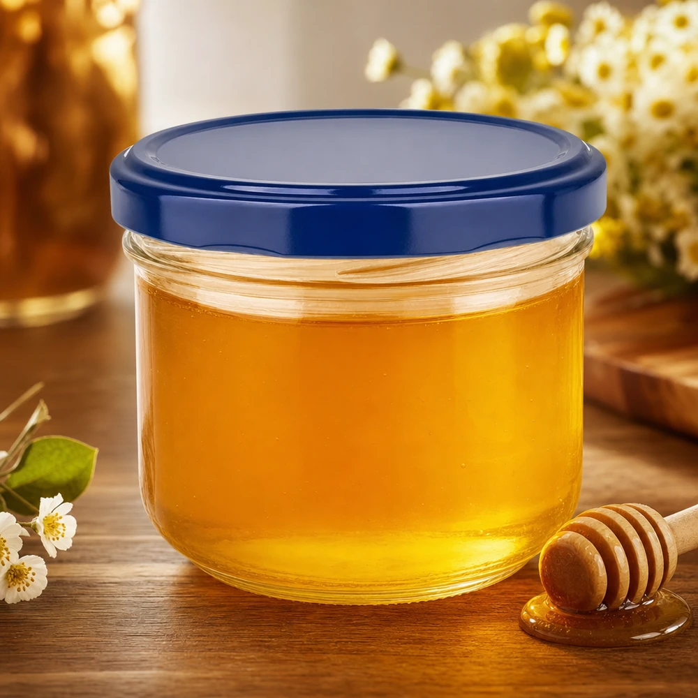 Pot renversé de 260 ml avec couvercle bleu BasicSeal rempli de miel - le pot twist-off idéal pour les confitures et les pâtes à tartiner