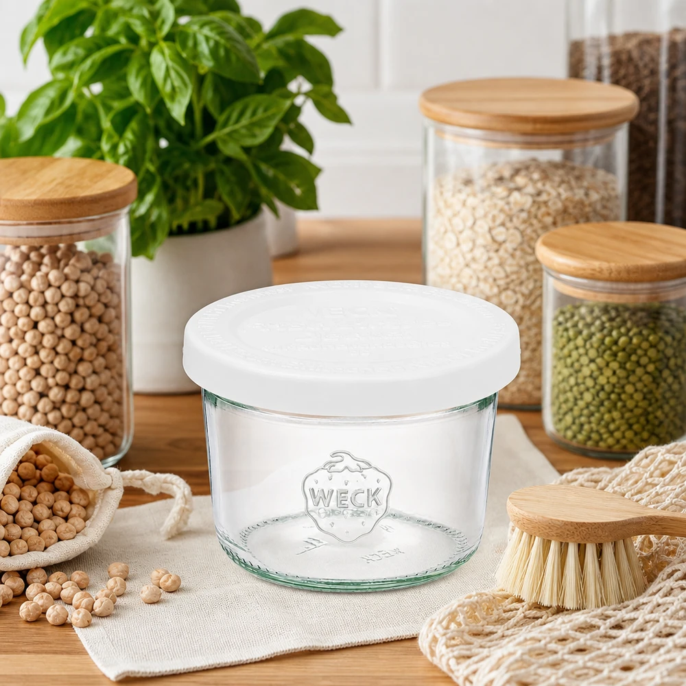 WECK Pot renversé 80ml RR60 dans une cuisine durable avec des bocaux à provisions de légumineuses et des ustensiles zéro déchet sur bois