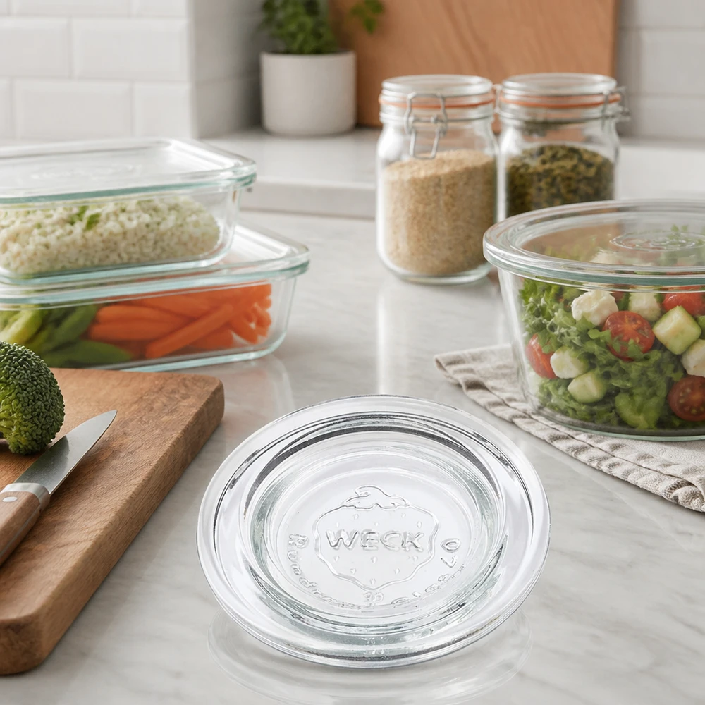 WECK Couvercle en verre RR40 pour Meal Prep et stockage dans la cuisine moderne avec légumes et épices