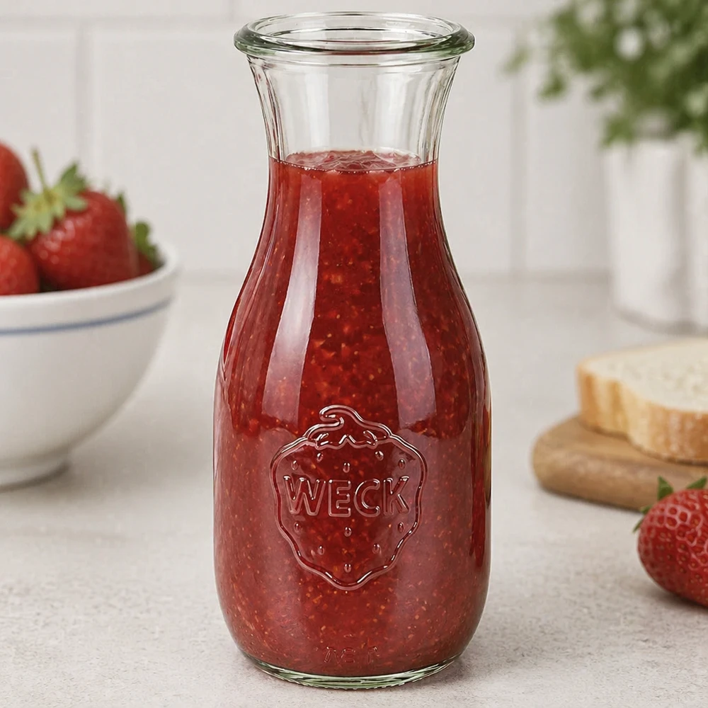 Bouteille à jus WECK RR60 de 530 ml WECK Saftflasche 530ml RR60 mit rotem Erdbeermus gefüllt neben frischen Erdbeeren und Brot in heller Küche