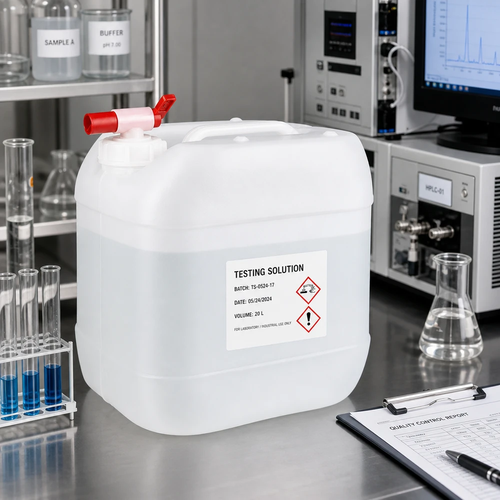 Bidon en plastique transparent de 15 litres avec étiquetage de danger GHS, destiné à un usage en laboratoire