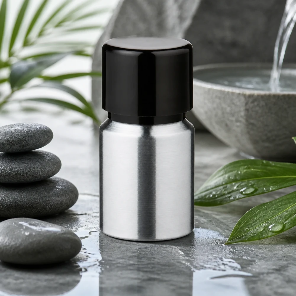 Flacon moderne en aluminium de 10 ml au design industriel avec bouchon noir refermable