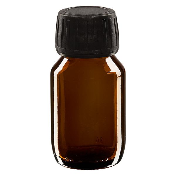 Flacon médical 50 ml couleur ambrée avec bouchon noir Flacon médical 50 ml couleur ambrée avec bouchon noir