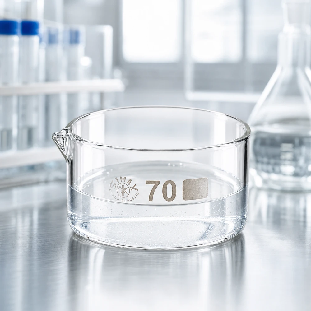 Coupelle de cristallisation 100 ml avec bec verseur Bol de cristallisation vide de 100 ml en verre de laboratoire, muni d'un bec verseur court, posé sur une surface en acier inoxydable