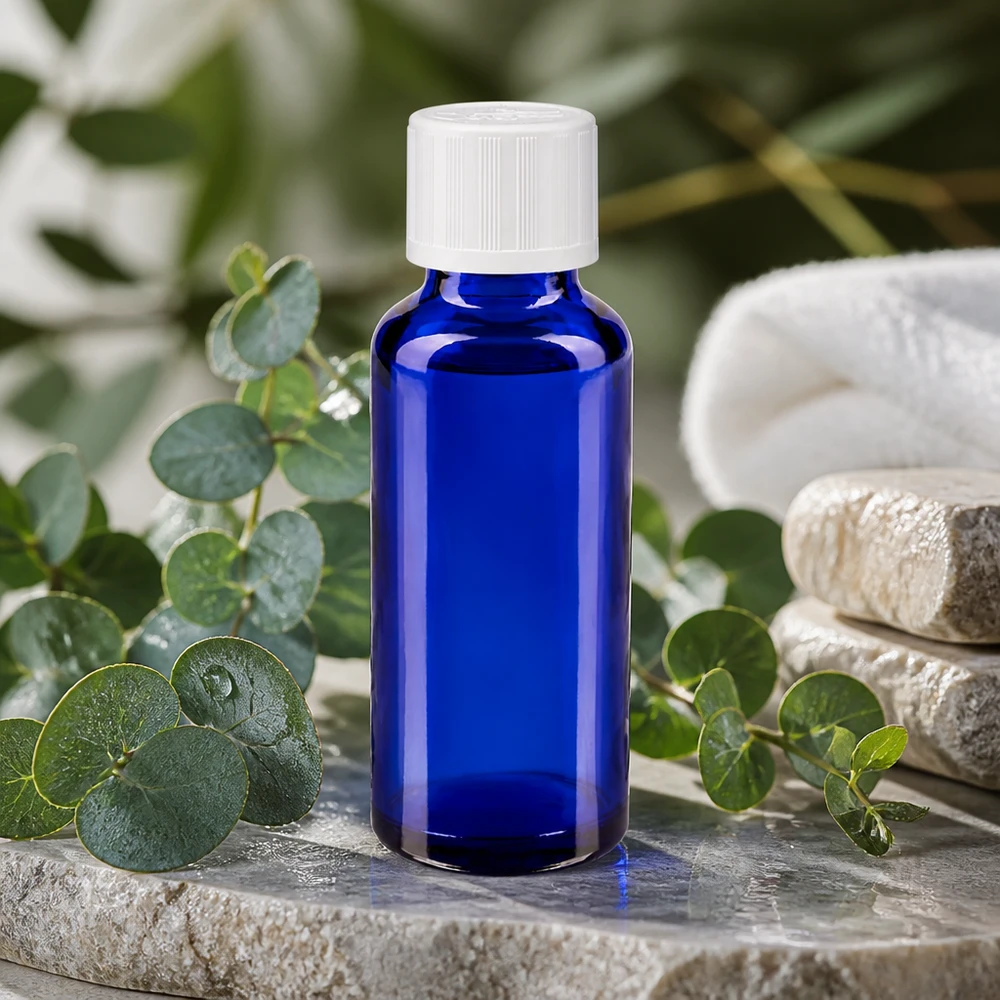 Flacon de pharmacie bleu de 30 ml avec bouchon à vis blanc, posé sur une pierre naturelle et orné de brindilles d'eucalyptus
