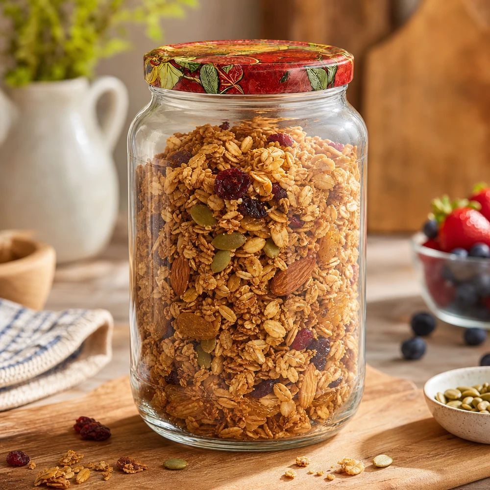 1062ml Verre rond avec couvercle BasicSeal décor fruits UNiTWIST 1062ml Bocal rond BasicSeal Couvercle Décor Fruits rempli de céréales Granola Noix Fruits secs Petit déjeuner Boîte à provisions