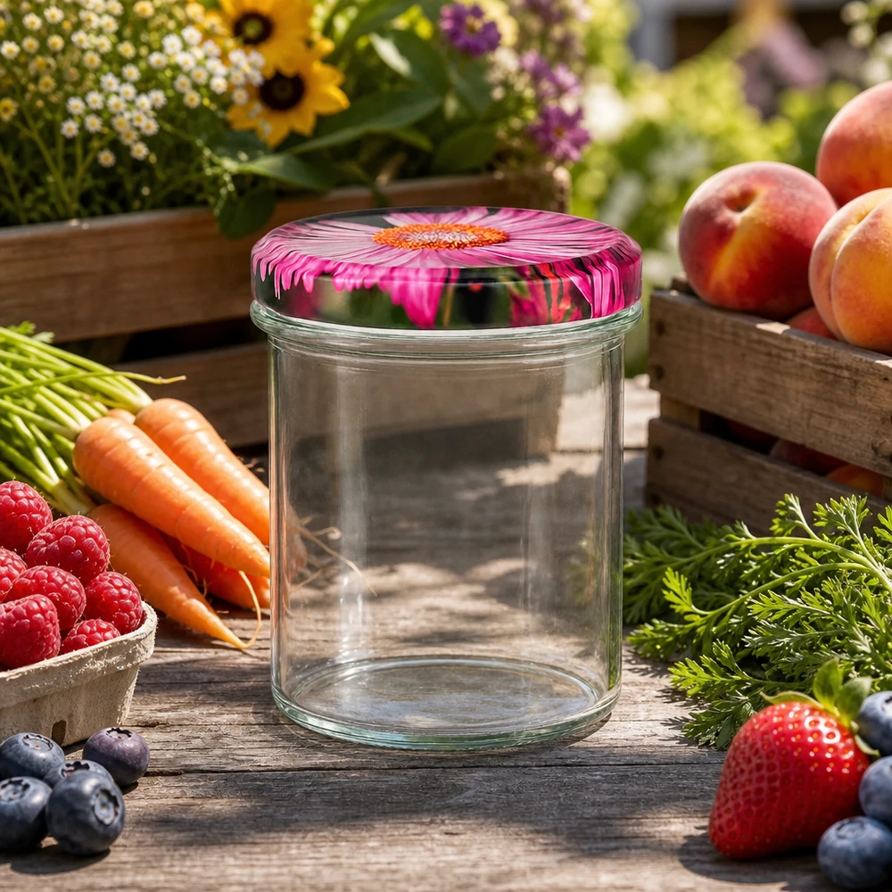 350ml verre renversé avec Gerbera rose BasicSeal couvercle entouré de fruits frais légumes et fleurs Outdoor-Setting