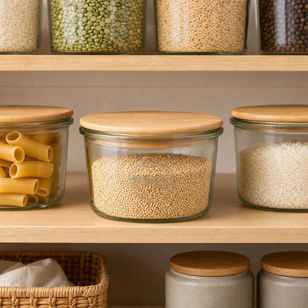 Pot de 80ml WECK RR60 avec couvercle en bois WECK Bocal 80ml RR60 Couvercle en bois Organisation des réserves Pantry Armoire de cuisine Petites quantités d'épices Graines
