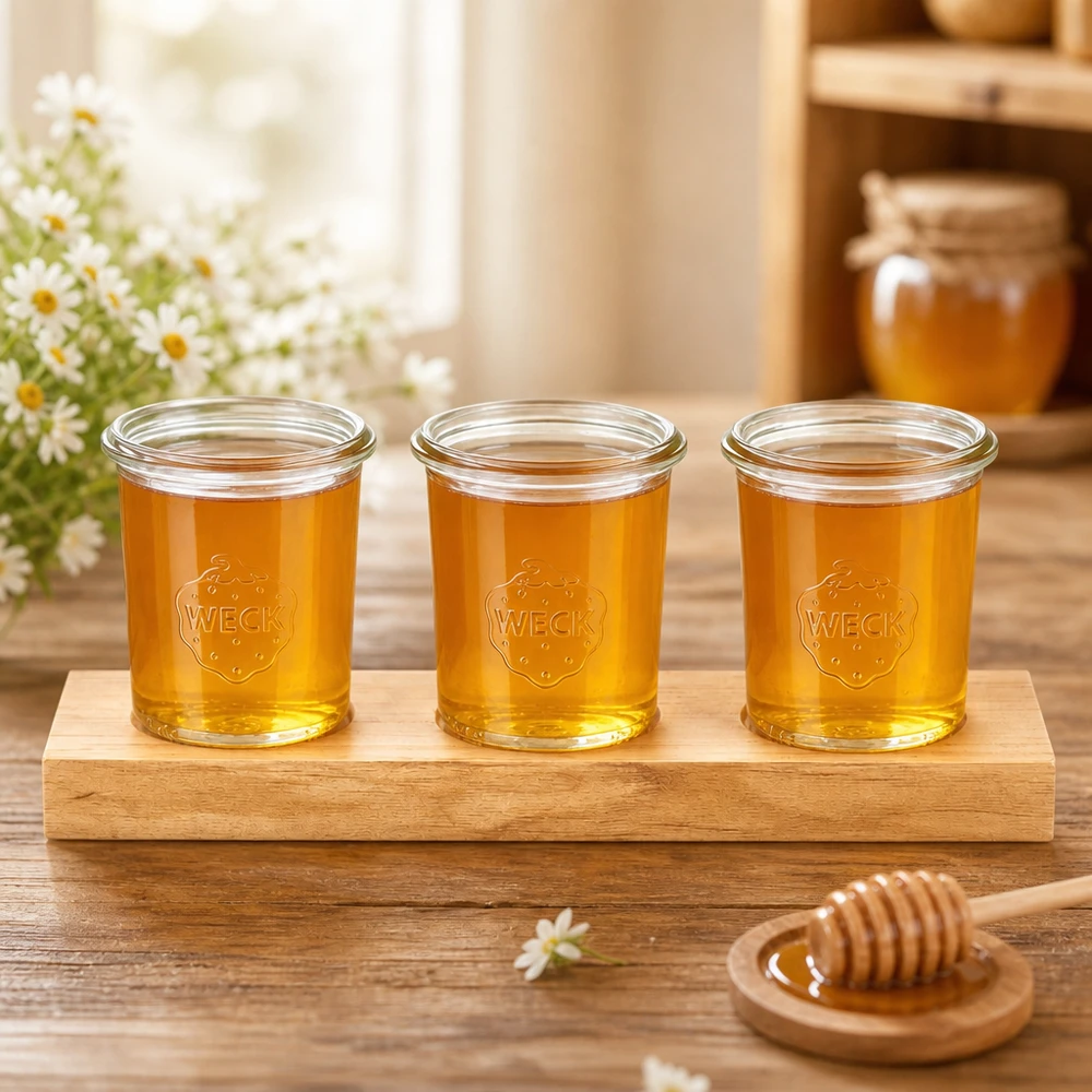 Trois pots à larme Weck de 160 ml avec miel doré sur planche de service Plano3 à côté de la cuillère à miel et de la décoration florale