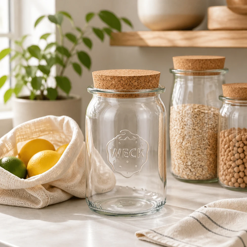 145ml bocal cylindrique WECK RR40 avec bouchon nature WECK Pot cylindrique 145ml RR40 vide avec couvercle en liège dans la cuisine durable zéro déchet à côté des légumineuses et des agrumes