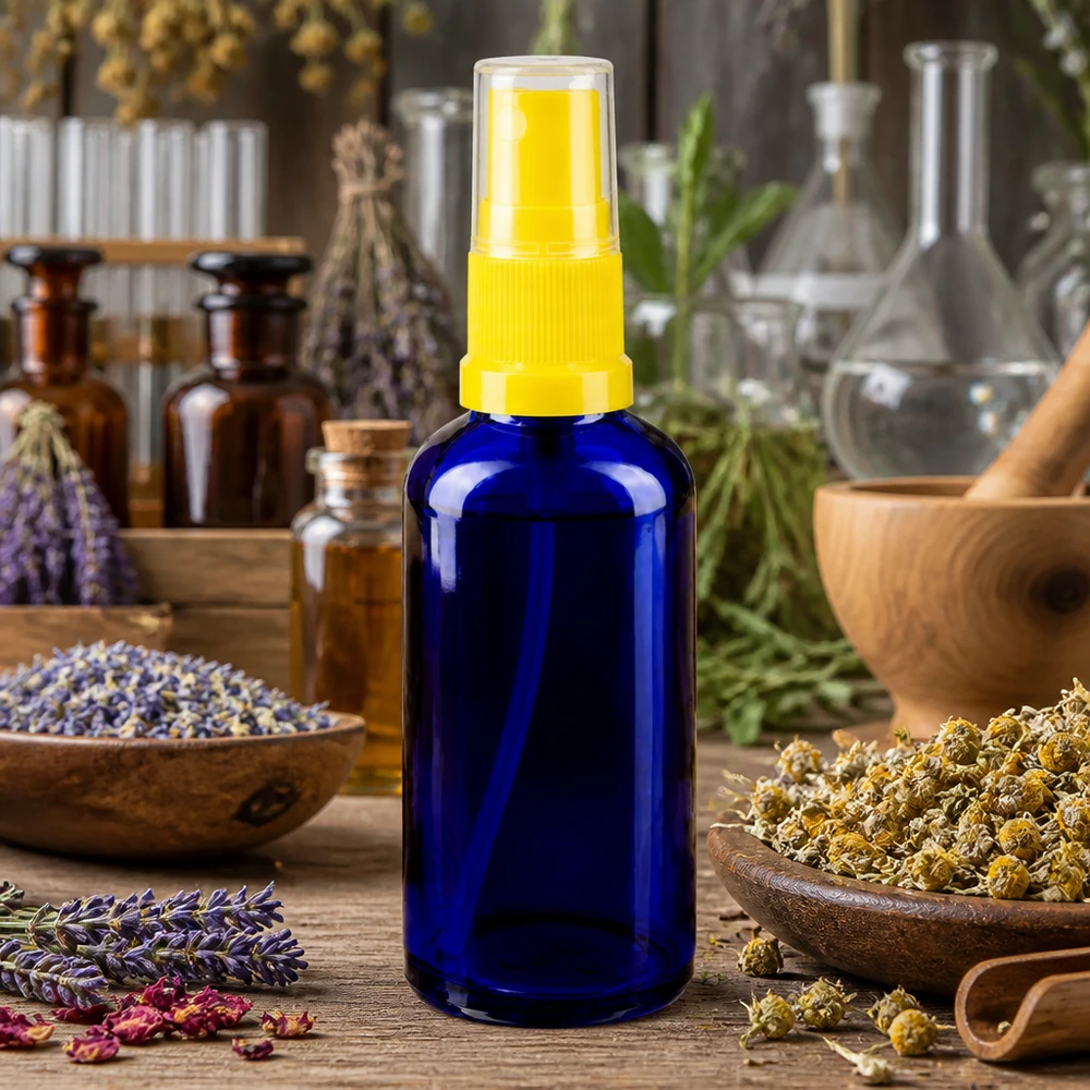 Flacon de pharmacie bleu 50ml embout spray jaune Flacon pulvérisateur en verre bleu de 50 ml avec pompe jaune, entre la lavande et les herbes aromatiques