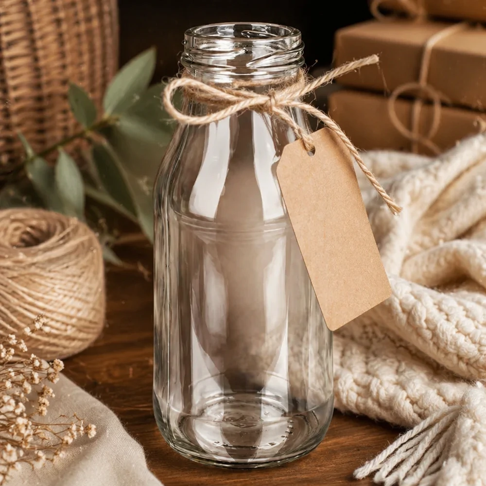 Bouteille en verre 263ml TO43 UNiTWIST Bottle263 avec corde de jute et pendentif sur table en bois avec décoration