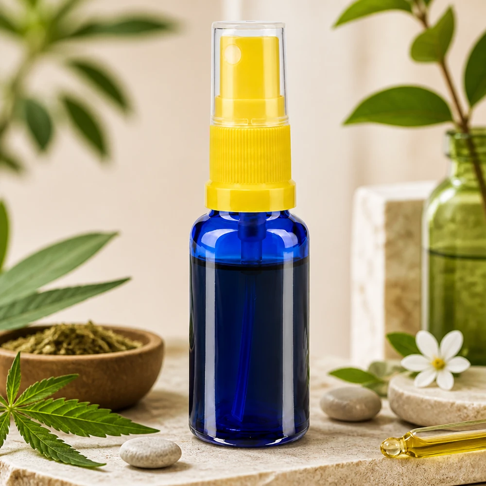 Petit flacon pulvérisateur de pharmacie de 20 ml en verre bleu, muni d'une pompe de pulvérisation jaune