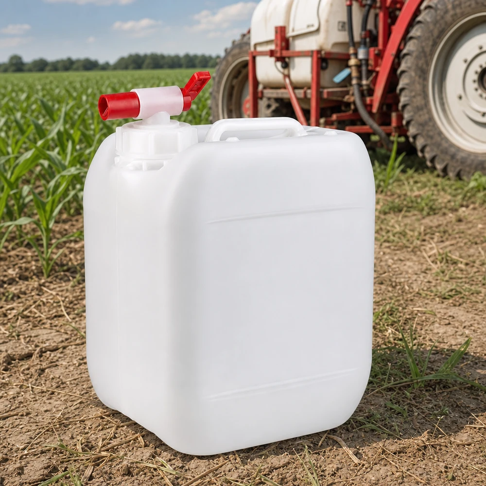 Jerrican de 5 litres avec robinet Bidon de 5 litres muni d'un robinet rouge, posé sur un champ de maïs devant un tracteur et un pulvérisateur