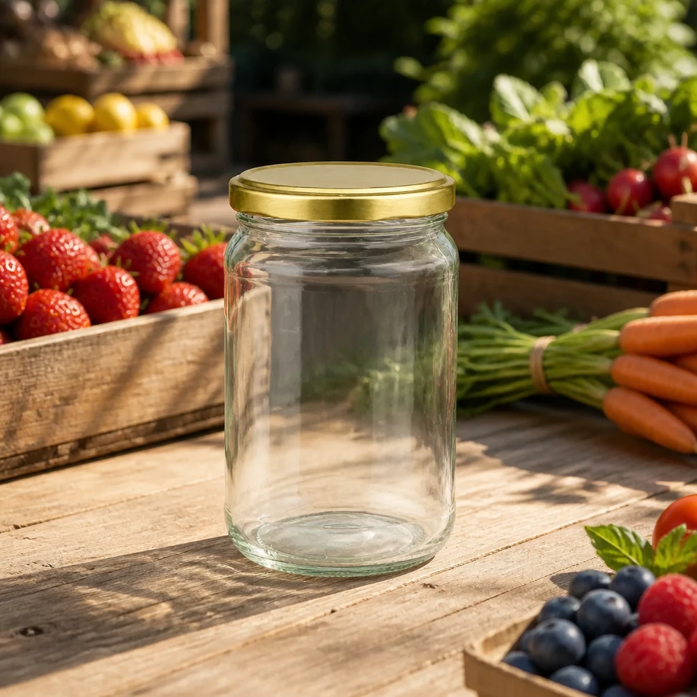 Verre rond BasicSeal UNiTWIST or de 305 ml entre des fruits et légumes frais sur une table en bois dans un environnement naturel