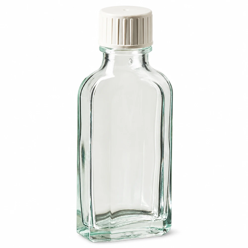 Flasque transparente de 50 ml au goulot DIN 22, avec bouchon à vis DIN 22 blanc et bague anti-gouttes Flacon en verre Meplat transparent de 50 ml, muni d'un bouchon à vis blanc et d'un anneau verseur
