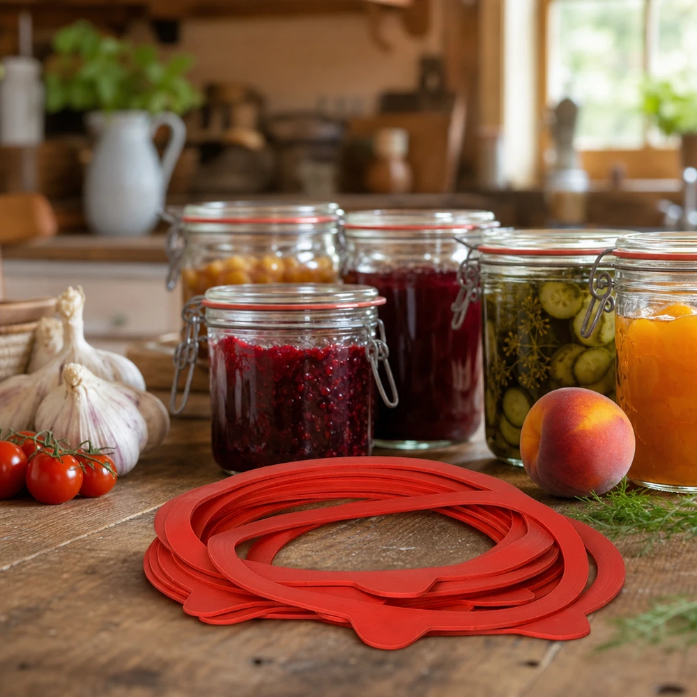 Anneau de mise en conserve RR120 en caoutchouc naturel dans une cuisine rustique avec des bocaux et des ingrédients frais pour la mise en conserve