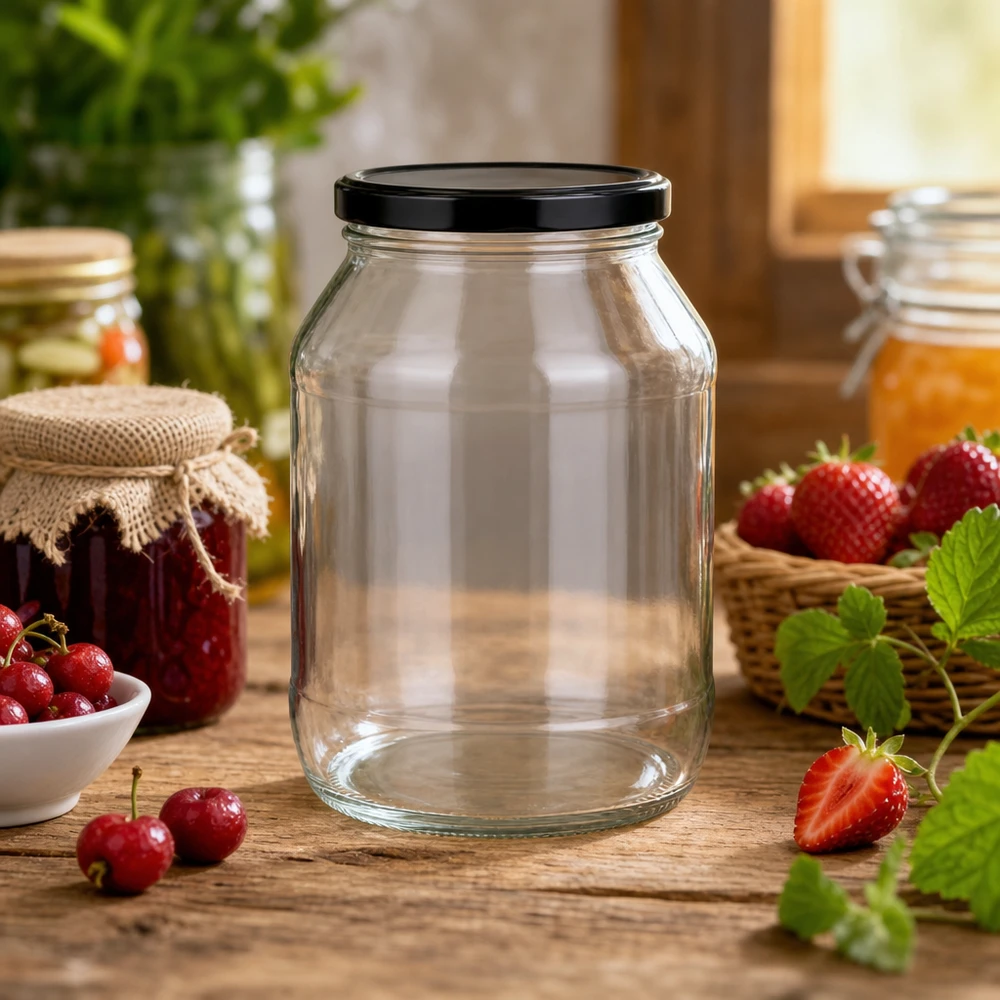 2650ml Verre rond avec couvercle BasicSeal noir UNiTWIST 2650ml Rundglas mit schwarzem Deckel für Einmachen und Vorratshaltung in rustikaler Küche mit frischen Früchten