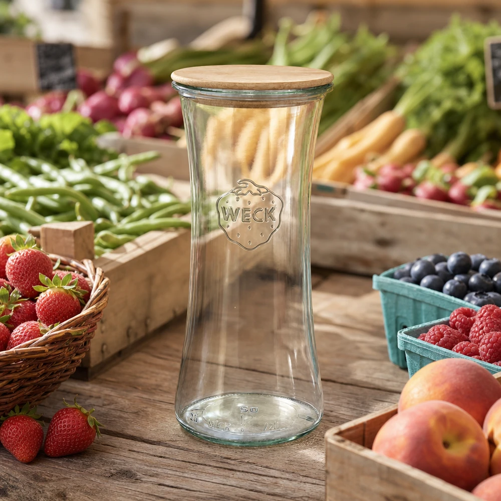 700ml bocal à gourmandises WECK RR80 avec couvercle en bois WECK Pot à délicatesse 700ml RR80 avec couvercle en bois sur le marché hebdomadaire entre les fruits et légumes frais environnement naturel